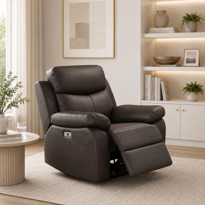 Vinny Dark Brown Power Recliner Chair In Leather Upholstery