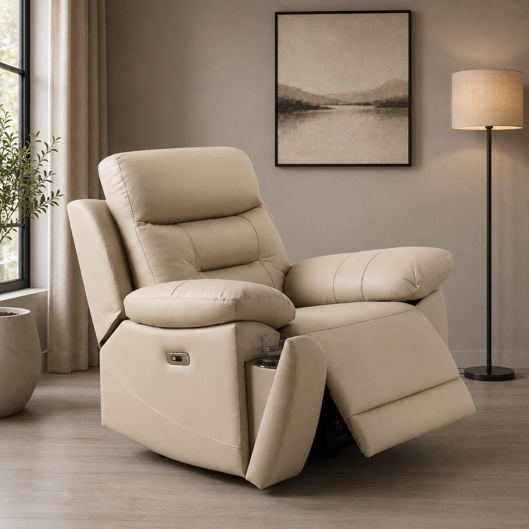 Jersey Beige Power Recliner Chair In Genuine Leather
