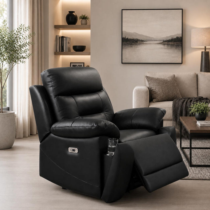 Jersey Black Power Recliner Chair In Genuine Leather