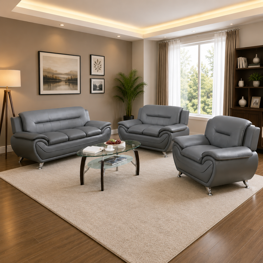 Gilan 3-Piece Sofa Set In Faux Leather Upholstery - Grey