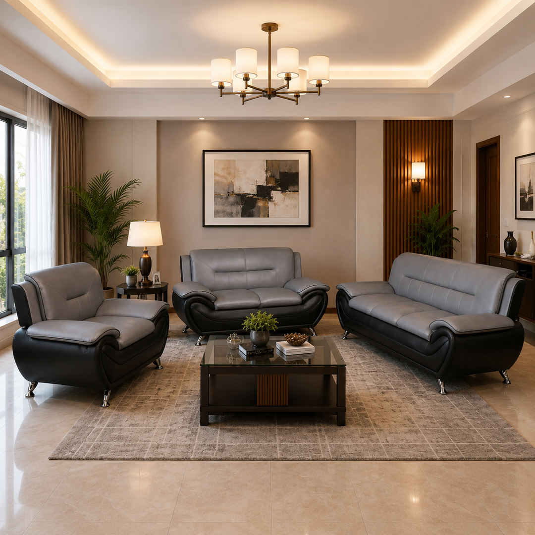 Gilan 3-Piece Sofa Set In Faux Leather Upholstery - Black/ Grey