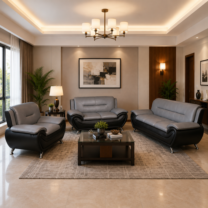 Gilan 3-Piece Sofa Set In Faux Leather Upholstery - Black/ Grey