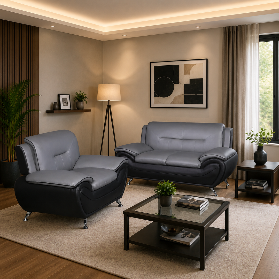 Gilan 3-Piece Sofa Set In Faux Leather Upholstery - Black/ Grey