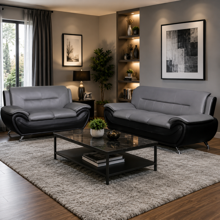 Gilan 3-Piece Sofa Set In Faux Leather Upholstery - Black/ Grey