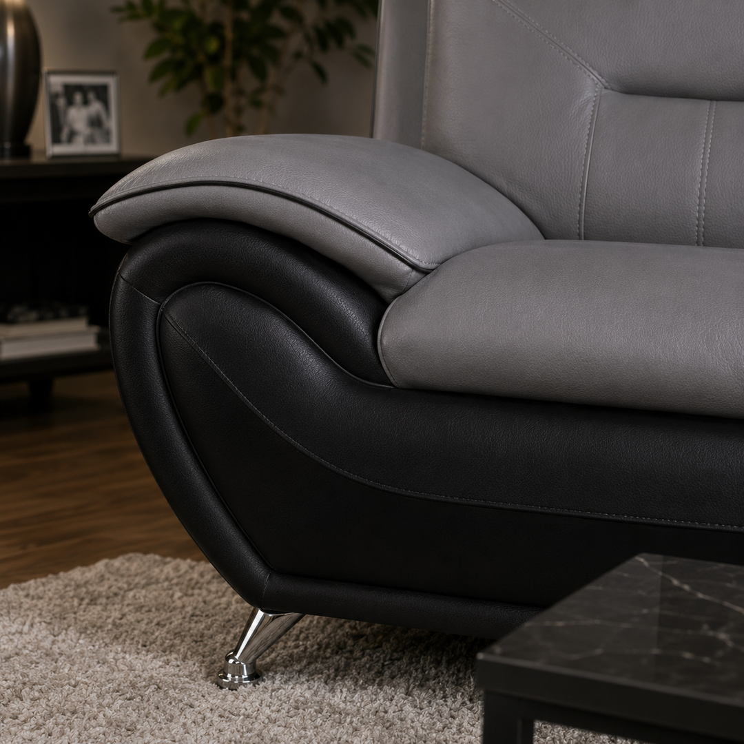 Gilan 3-Piece Sofa Set In Faux Leather Upholstery - Black/ Grey