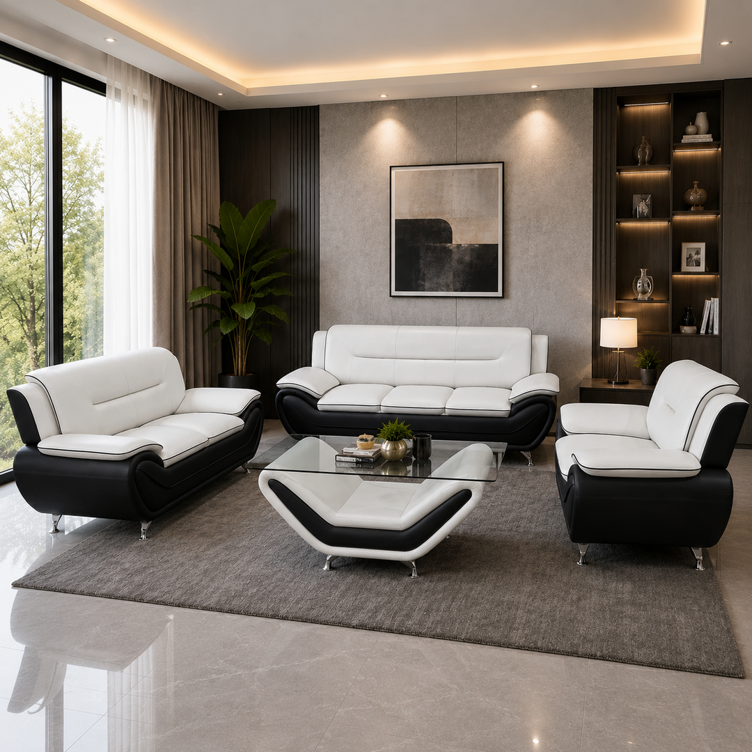 Gilan 3-Piece Sofa Set In Faux Leather Upholstery - Black/ White