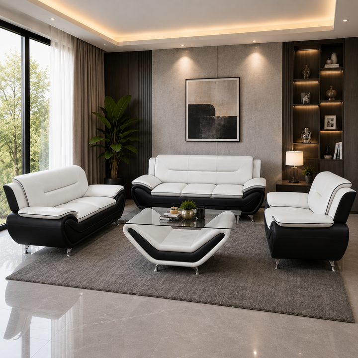 Gilan 3-Piece Sofa Set In Faux Leather Upholstery - Black/ White