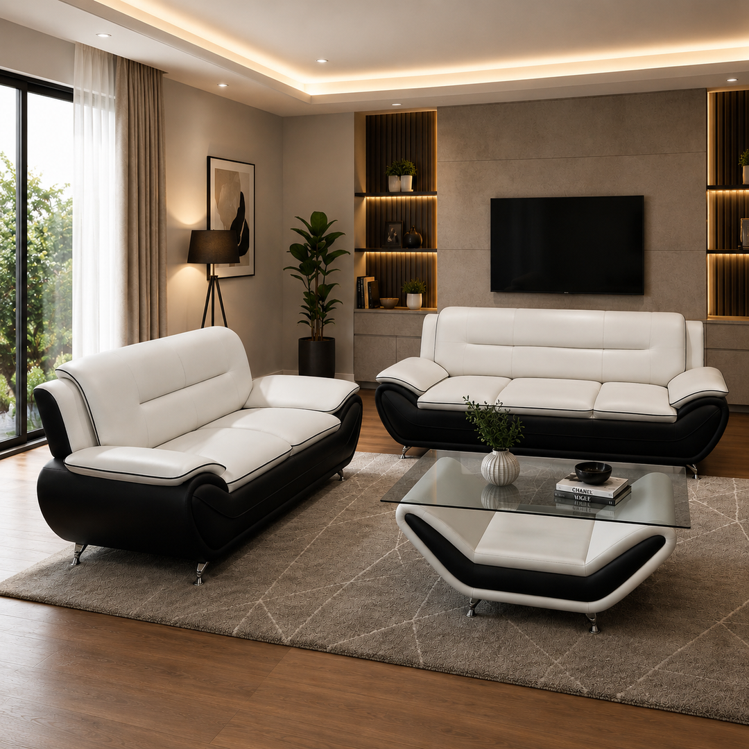 Gilan 3-Piece Sofa Set In Faux Leather Upholstery - Black/ White