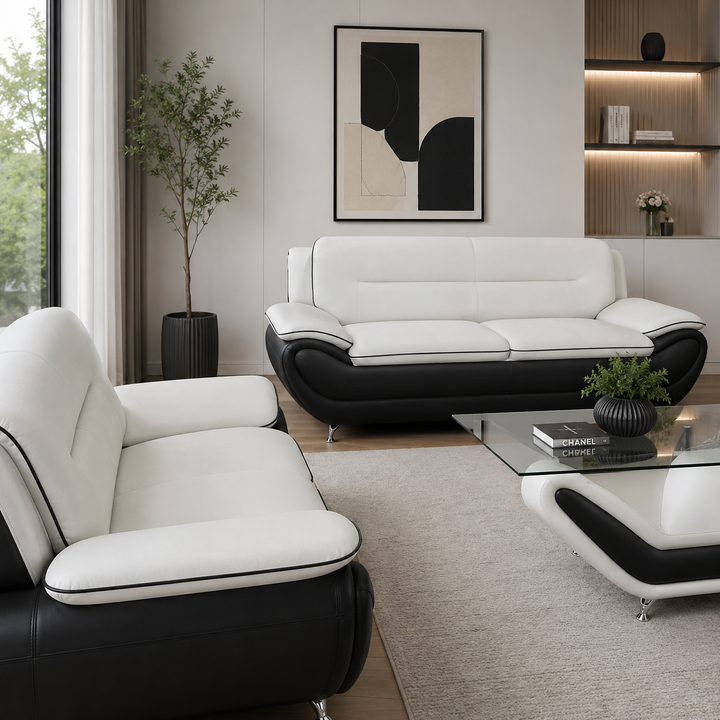 Gilan 3-Piece Sofa Set In Faux Leather Upholstery - Black/ White