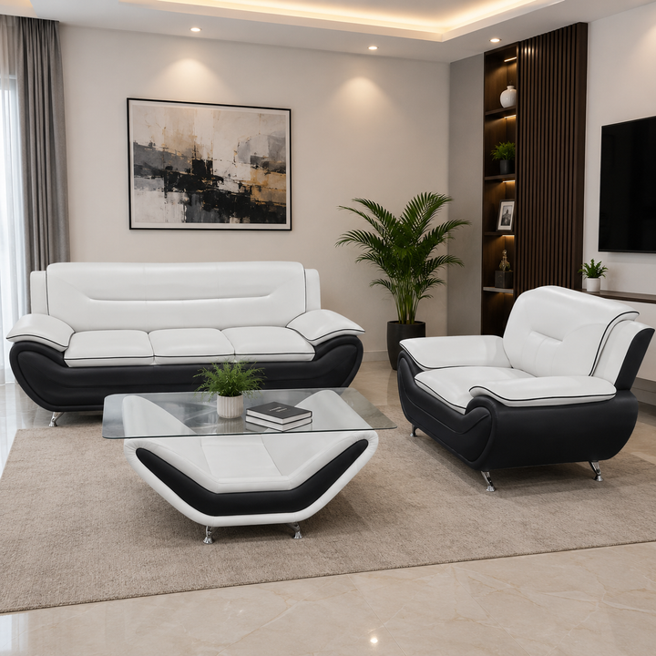 Gilan 3-Piece Sofa Set In Faux Leather Upholstery - Black/ White