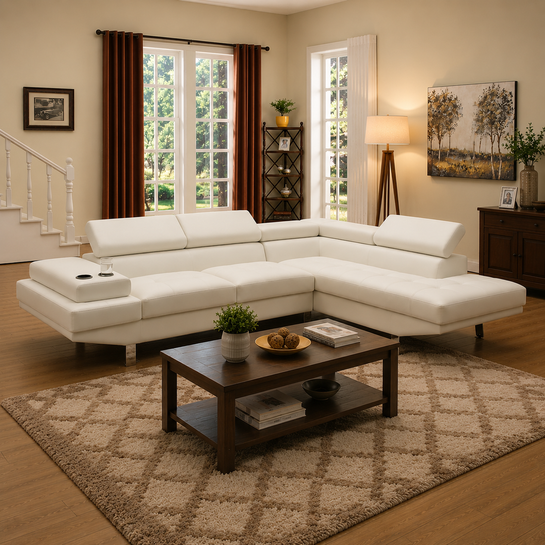 Grayson 3-Seater Sectional Sofa In Leathaire Upholstery - White | Available in LHF/ RHF Configuration
