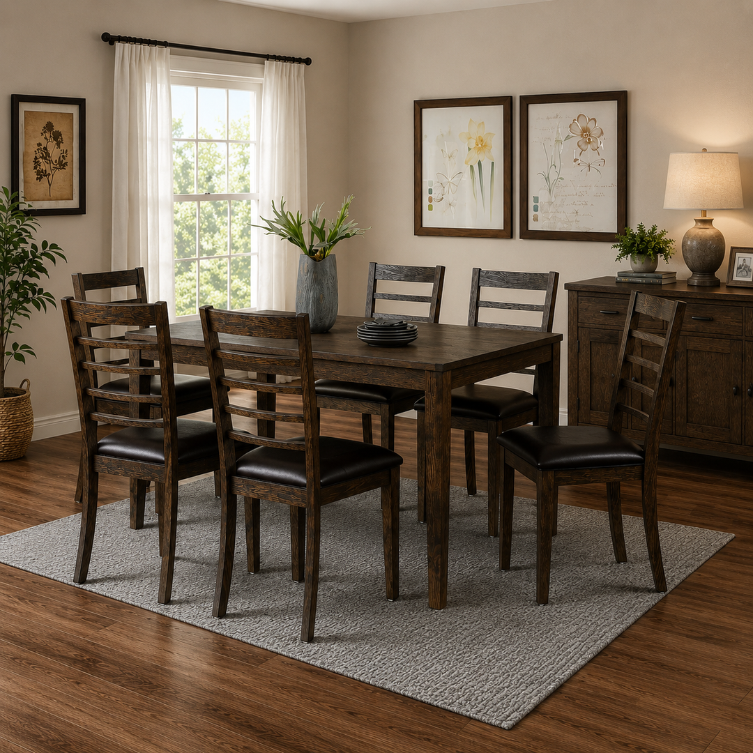 Ravenwood Espresso Dining Table Set For 6 With Fabric Upholstered Chairs