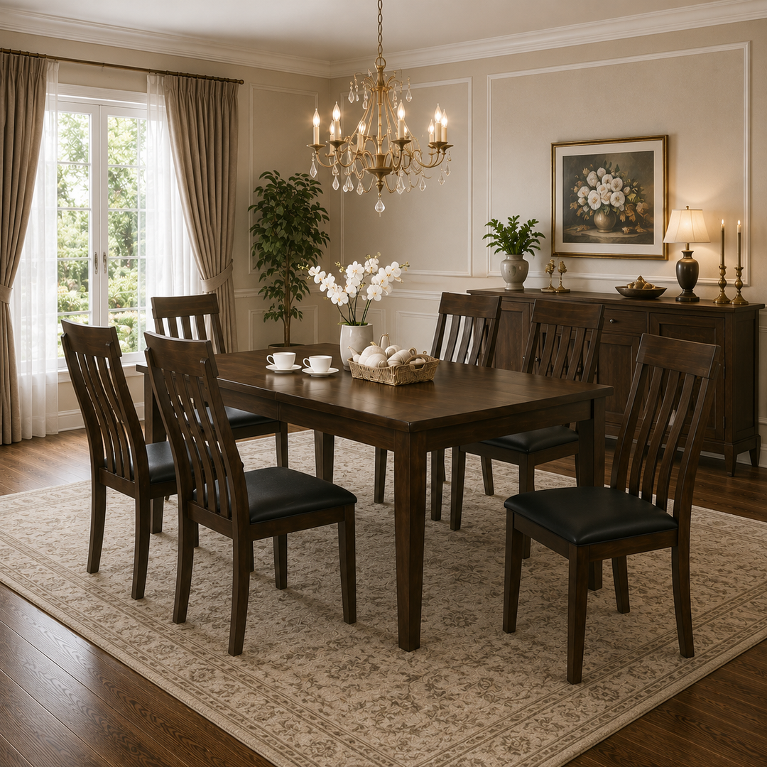 Pike Wooden Dining Table Set For 6 With Fabric Upholstered Chairs - Brown