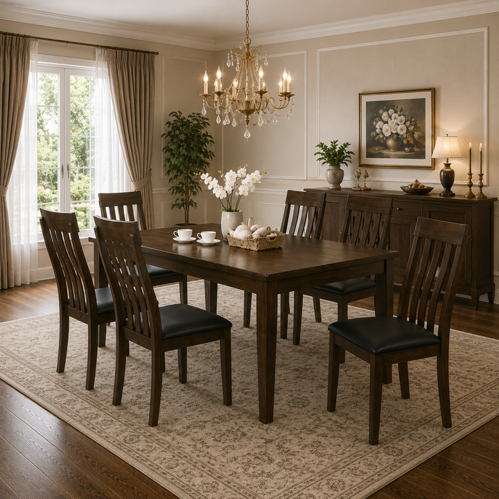 Pike Wooden Dining Table Set For 6 With Fabric Upholstered Chairs - Brown
