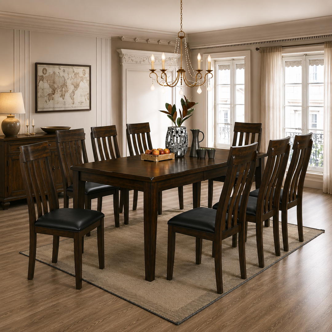 Pike Wooden Dining Table Set For 6 With Fabric Upholstered Chairs - Brown