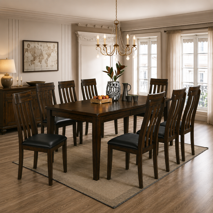 Pike Wooden Dining Table Set For 6 With Fabric Upholstered Chairs - Brown
