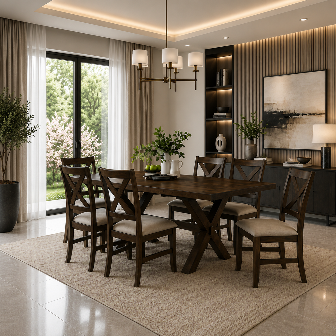 Virgo Brown Dining Table Set For 6 With Fabric Upholstered Chairs