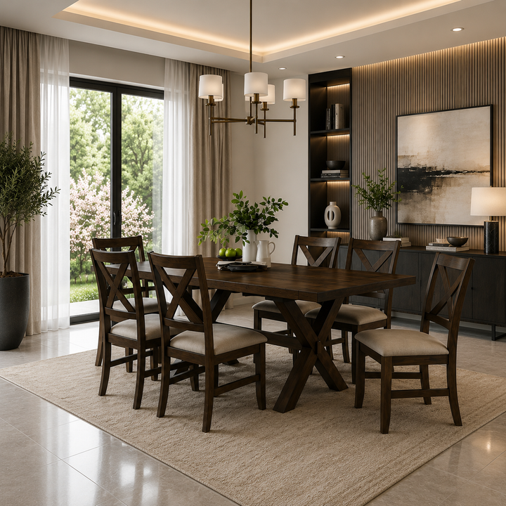 Virgo Brown Dining Table Set For 6 With Fabric Upholstered Chairs