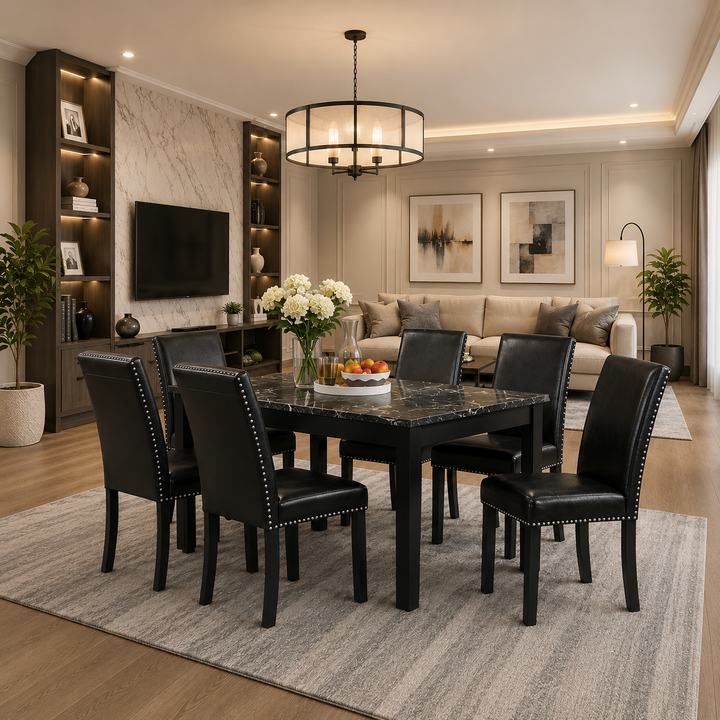 Aaron Black 7-Piece Dining Set With PU Leather Chairs