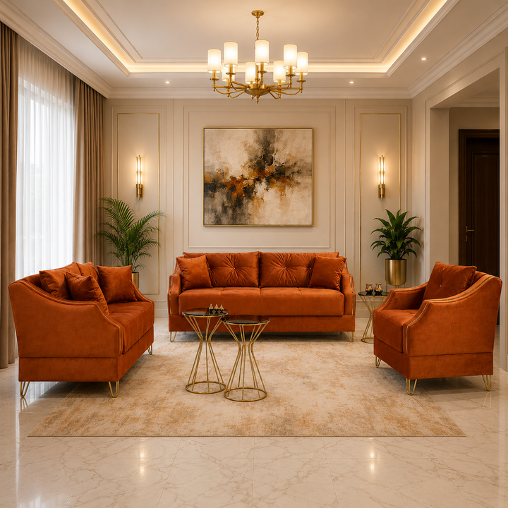 Inglis 3-Piece Velvet Upholstered Sofa Set In Orange Finish