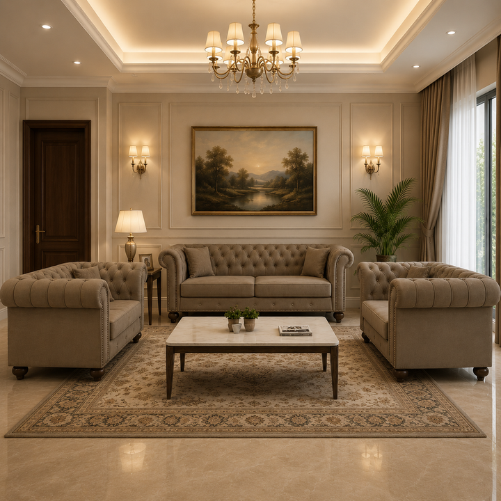 Makron Beige 3-Piece Stationary Sofa Set In Velvet Upholstery