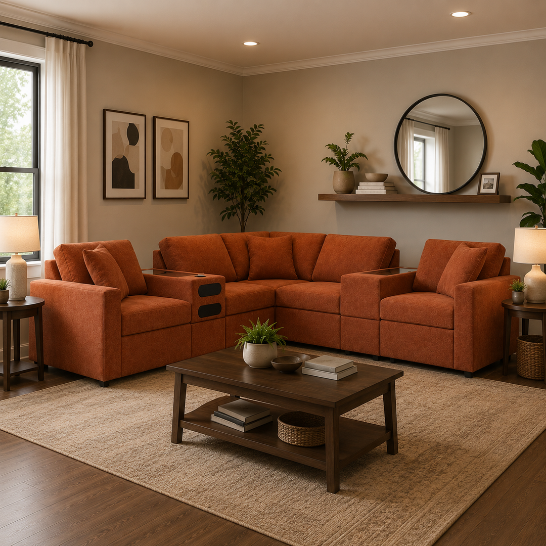 92102S69 Modmax 7-Piece Fabric Sectional Sofa With Storage &amp; Audio System Console - Spice | Signature Design By Ashley