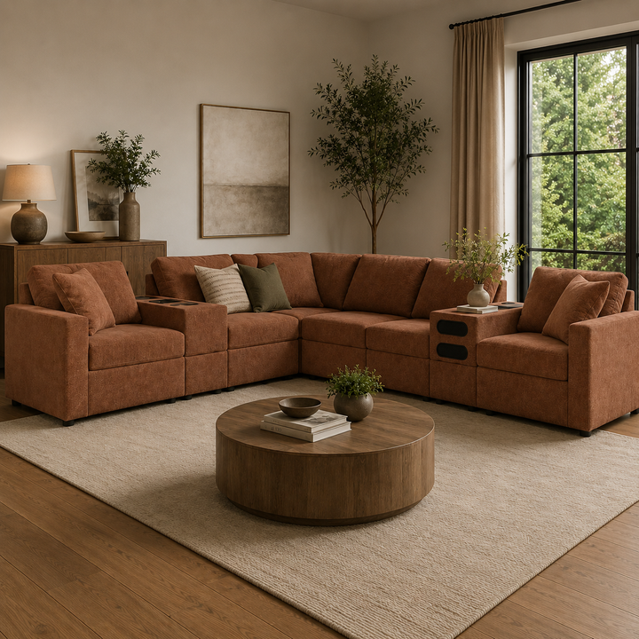 92102S30 Modmax 8-Piece Fabric Sectional Sofa With Storage &amp; Audio System Console - Spice | Signature Design By Ashley