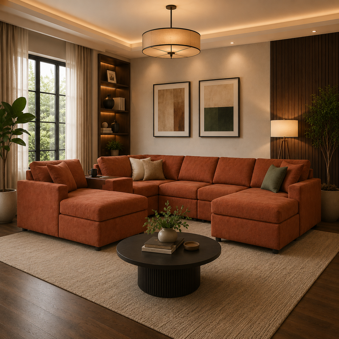 92102S54 Modmax 7-Piece Fabric Sectional Sofa With Dual Chaise &amp; Storage Console- Spice | Signature Design By Ashley