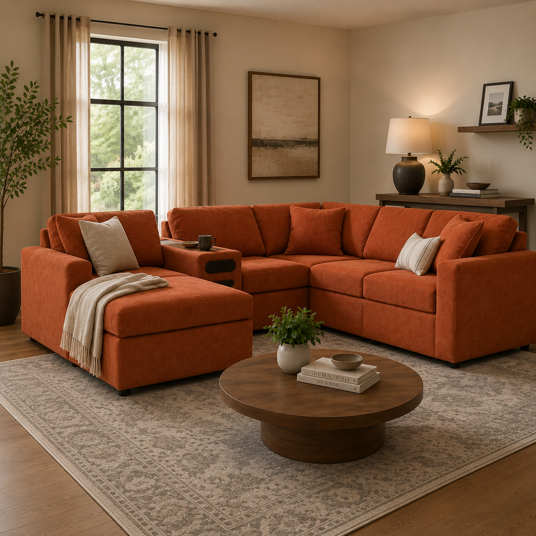 Modmax 6-Piece Fabric Sectional Sofa With Corner Chaise &amp; Audio System Console - Spice | Signature Design By Ashley