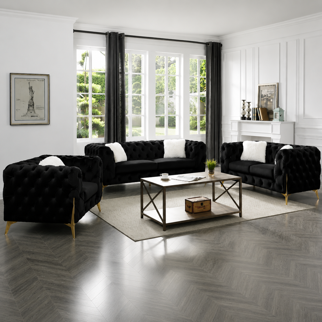Oakley Black 3-Piece Sofa Set In Velvet Upholstery