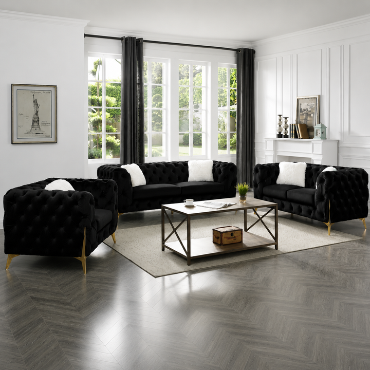 Oakley Black 3-Piece Sofa Set In Velvet Upholstery