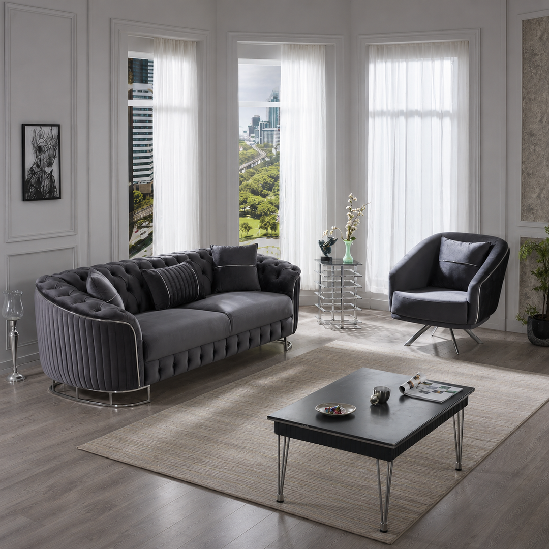 Julia Grey 3-Piece Stationary Sofa Set In Velvet Upholstery
