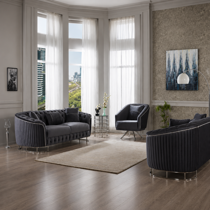 Julia Grey 3-Piece Stationary Sofa Set In Velvet Upholstery