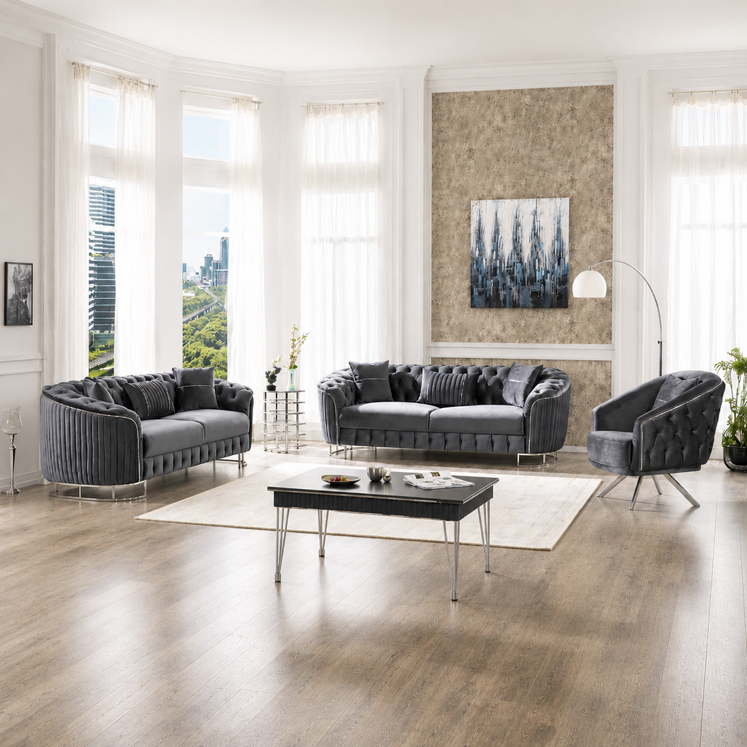 Julia Grey 3-Piece Stationary Sofa Set In Velvet Upholstery