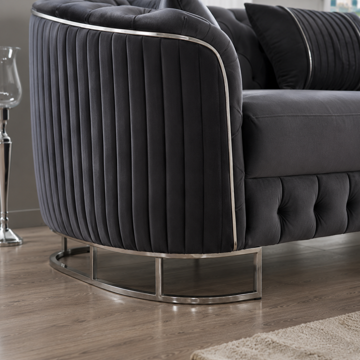 Julia Grey 3-Piece Stationary Sofa Set In Velvet Upholstery