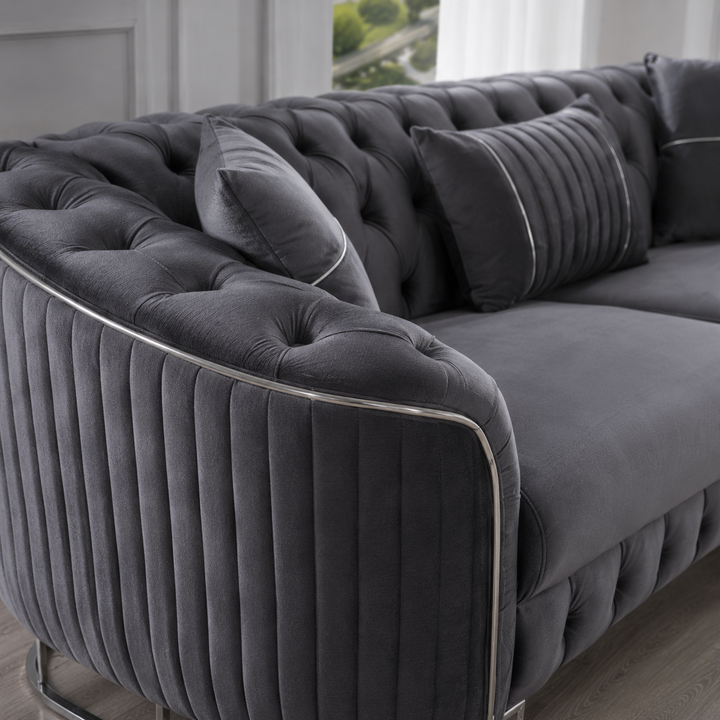 Julia Grey 3-Piece Stationary Sofa Set In Velvet Upholstery