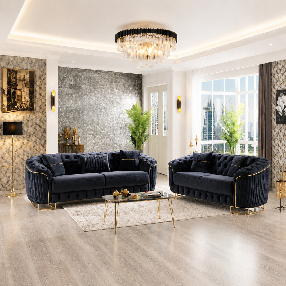 Julia Black 3-Piece Stationary Sofa Set In Velvet Upholstery