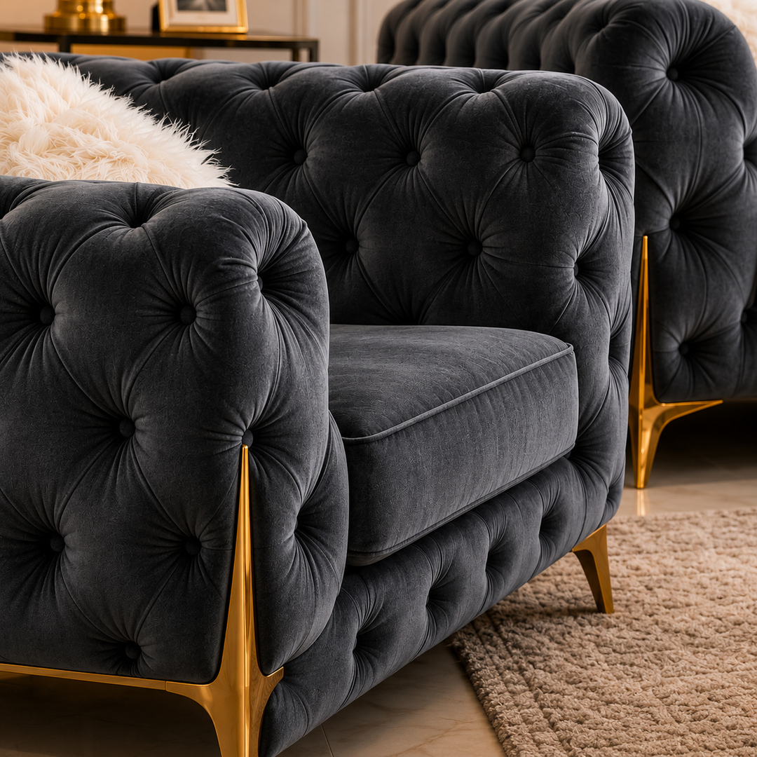 Oakley Grey 3-Piece Sofa Set In Velvet Upholstery