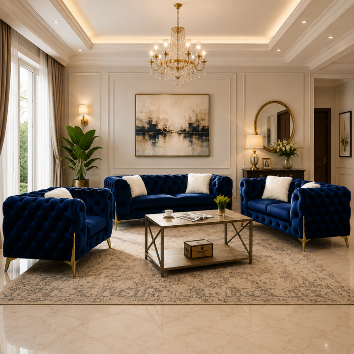Oakley Blue 3-Piece Sofa Set In Velvet Upholstery