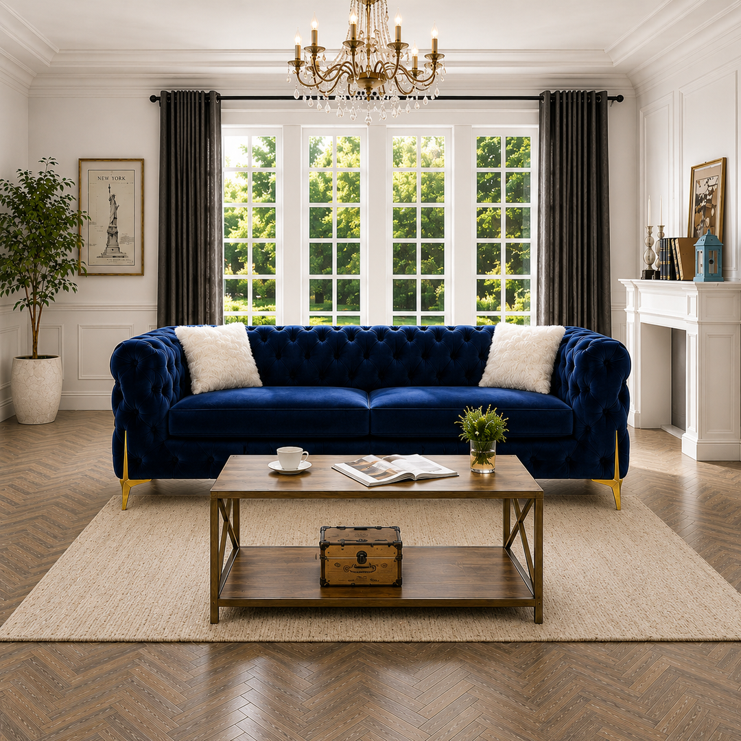 Oakley Blue 3-Piece Sofa Set In Velvet Upholstery