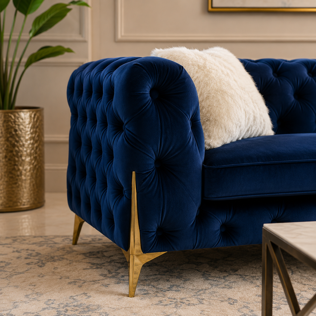 Oakley Blue 3-Piece Sofa Set In Velvet Upholstery