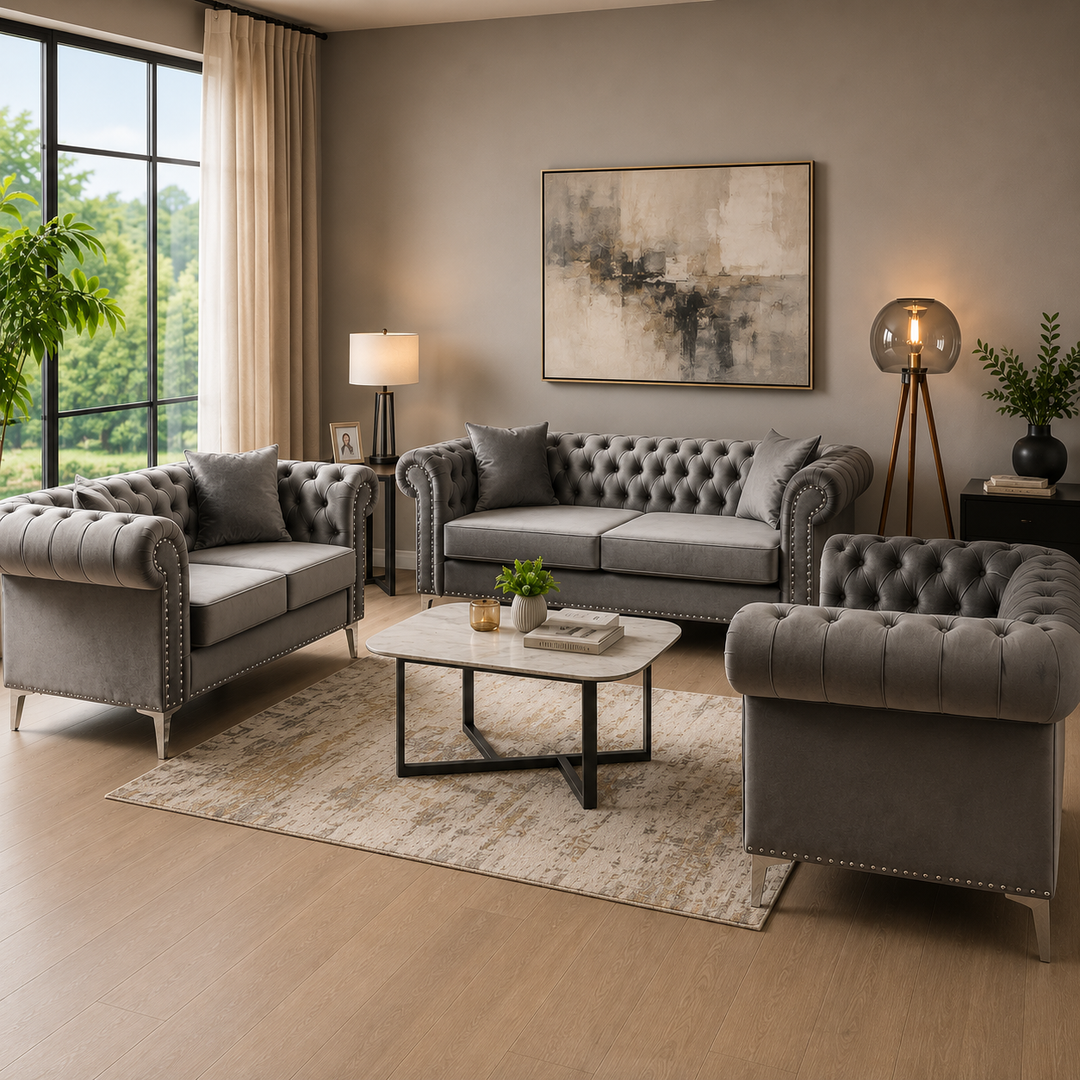 Makron Grey 3-Piece Stationary Sofa Set In Velvet Upholstery