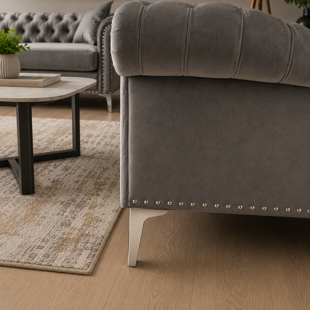 Makron Grey 3-Piece Stationary Sofa Set In Velvet Upholstery