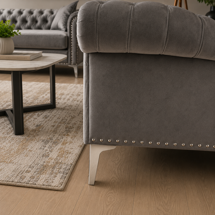 Makron Grey 3-Piece Stationary Sofa Set In Velvet Upholstery