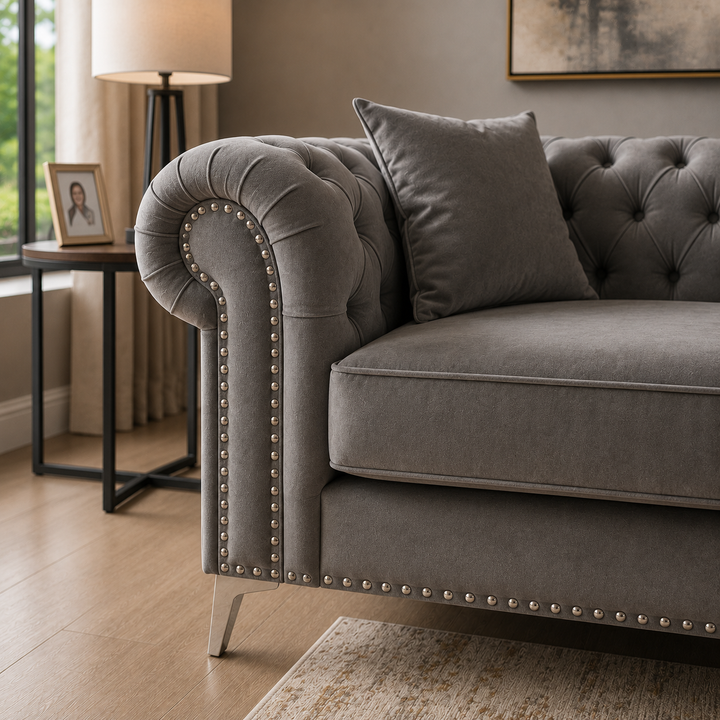 Makron Grey 3-Piece Stationary Sofa Set In Velvet Upholstery