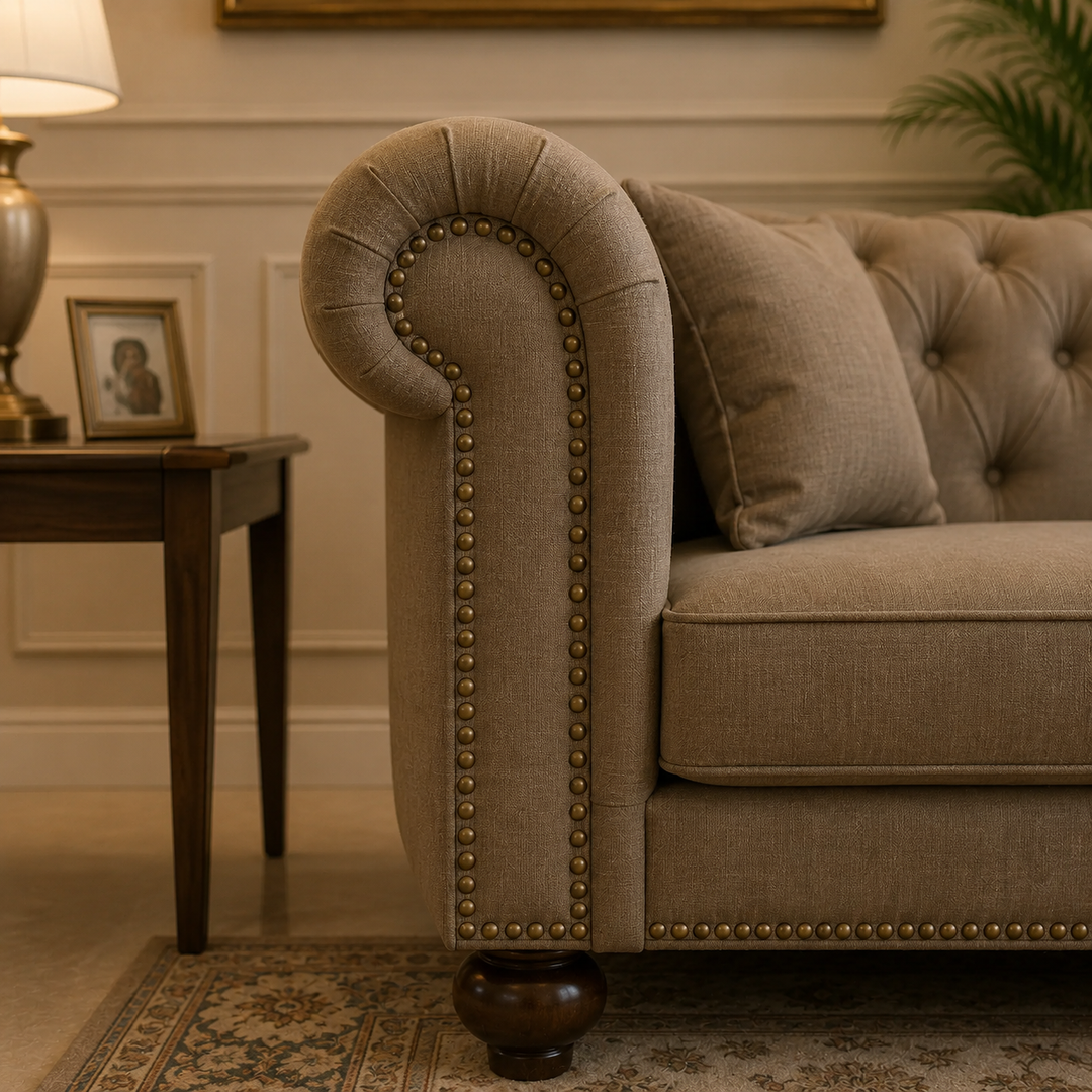 Makron Beige 3-Piece Stationary Sofa Set In Velvet Upholstery