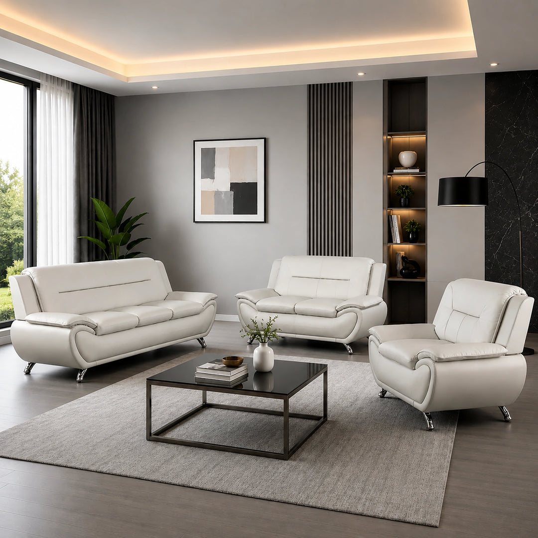 Gilan 3-Piece Sofa Set In Faux Leather Upholstery - White