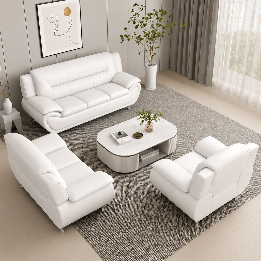 Gilan 3-Piece Sofa Set In Faux Leather Upholstery - White