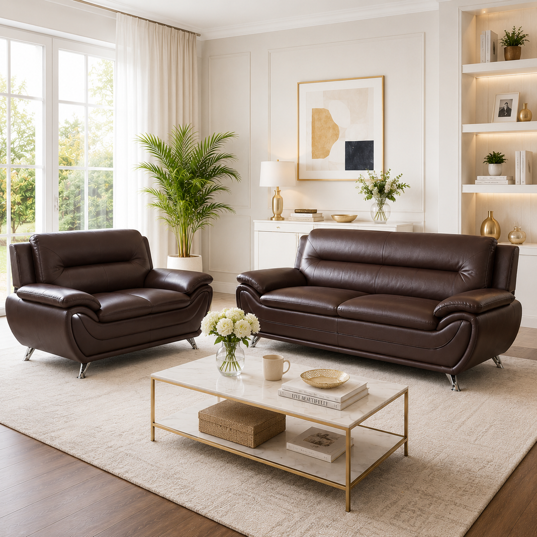 Gilan 3-Piece Sofa Set In Faux Leather Upholstery - Chocolate