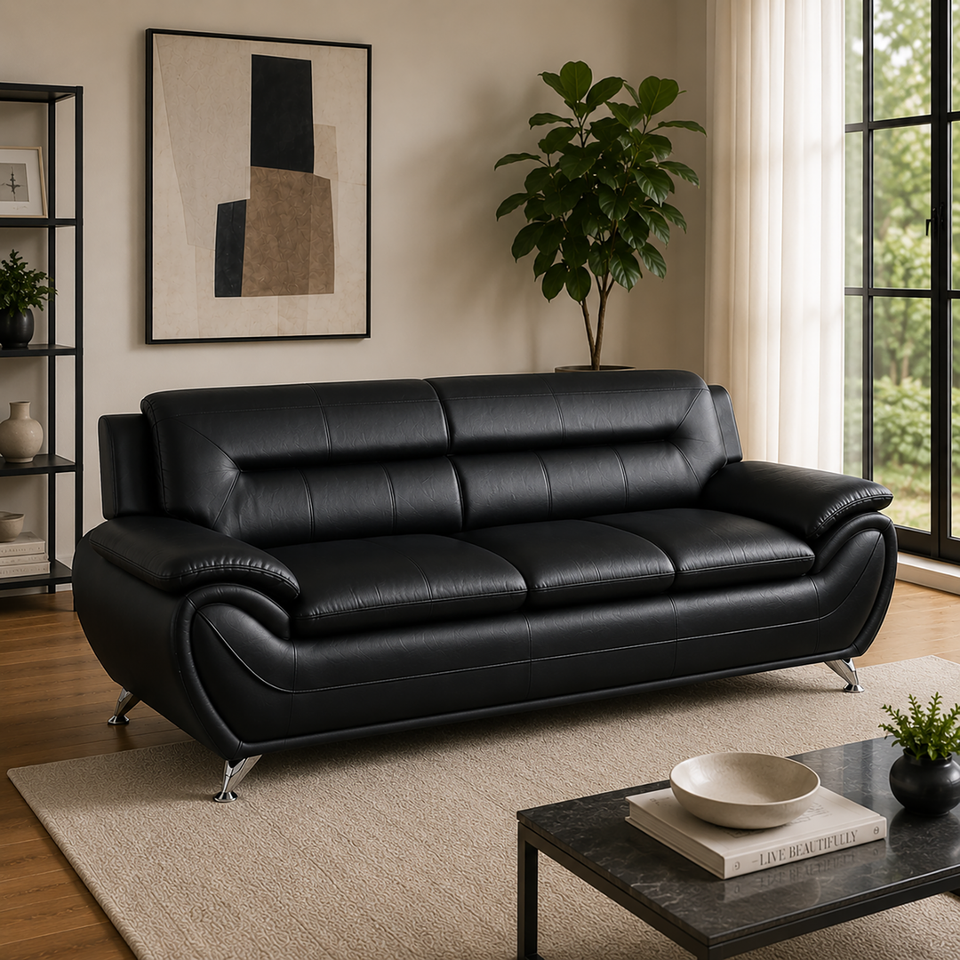Gilan 3-Piece Sofa Set In Faux Leather Upholstery - Black